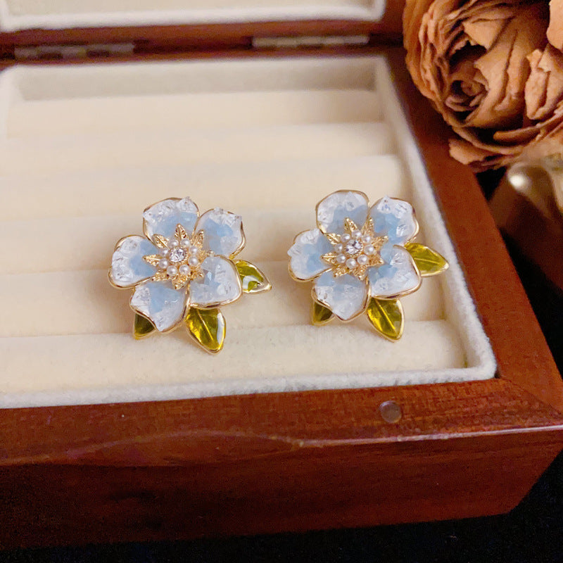 14K Gold Crystal Camellia Stud Earrings – S925 Silver Needle