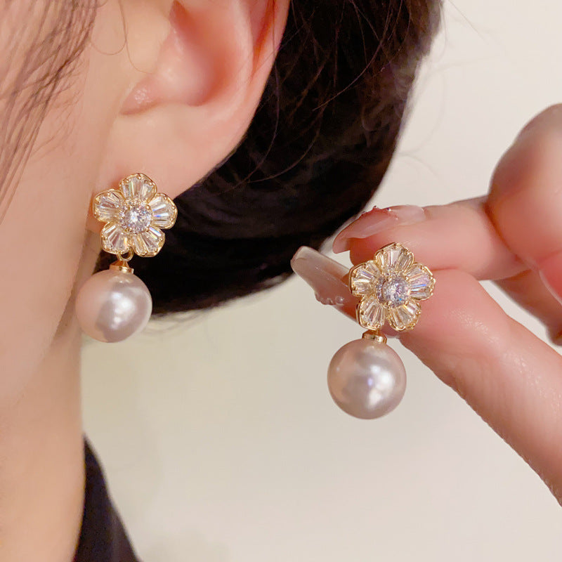 14K Gold Luxury Zircon Flower & Pearl Drop Earrings – Elegant Design