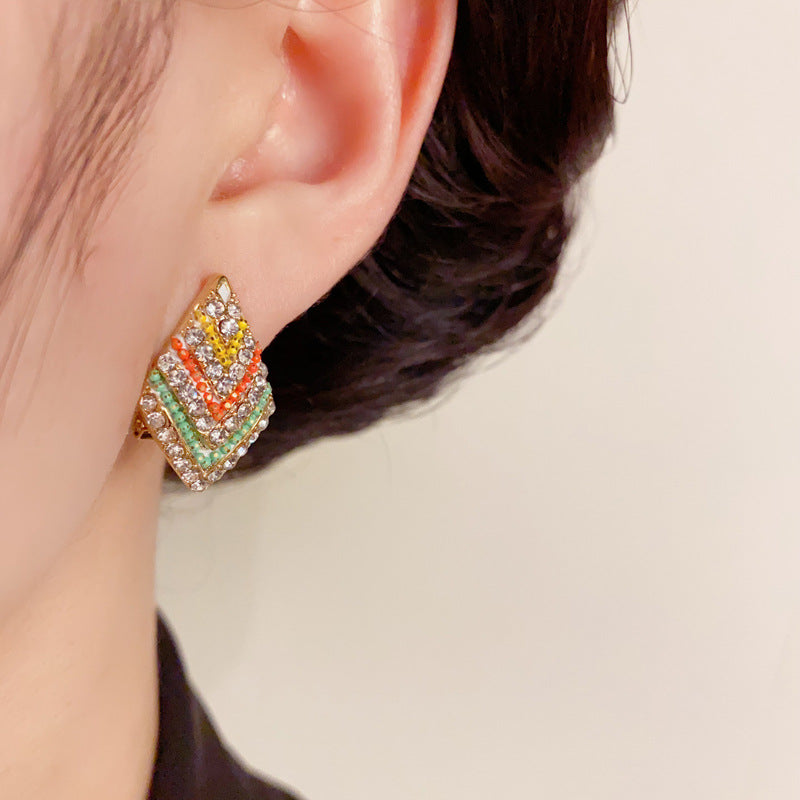 14K Gold-Plated Full Zircon Rhombus Stud Earrings – Geometric Design