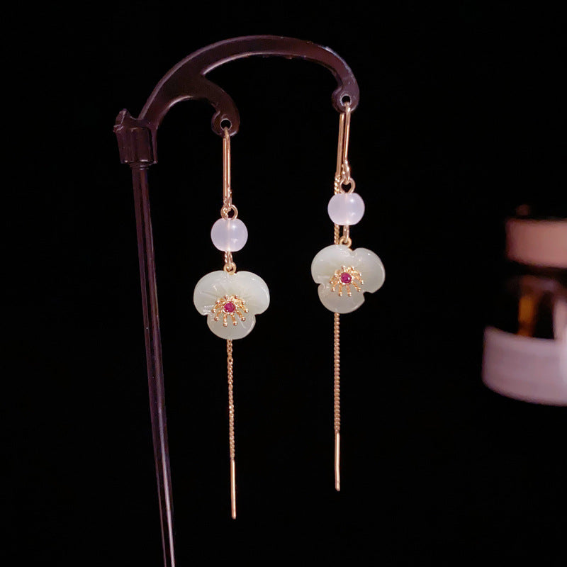 14K Gold-Plated Green Floral Tassel Threader Earrings – Elegant Design