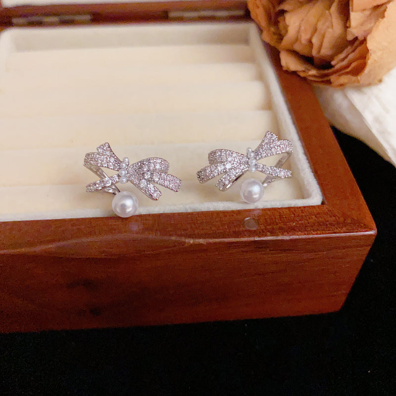 Luxury Full-Zircon Bow & Pearl Earrings – Silver Needle Elegant Design