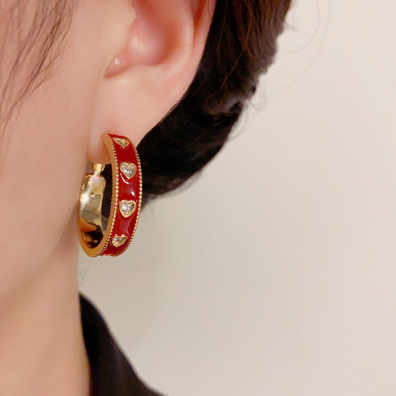 14K Gold-Plated Hoops Ankara Red Heart Earrings - Vintage Style