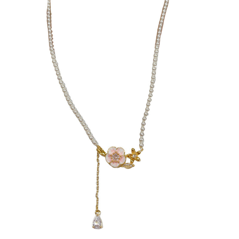 14K Gold Camellia Waterdrop Pearl Tassel Necklace – Elegant Design
