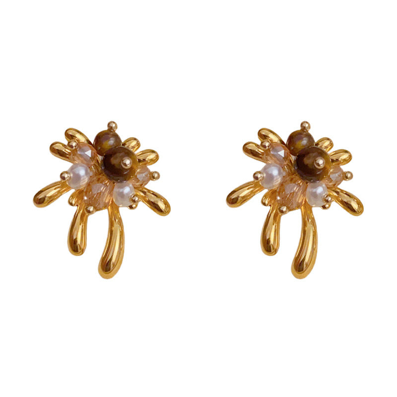 Elegant Metal Firework Tiger's Eye Stud Earrings – Geometric Design