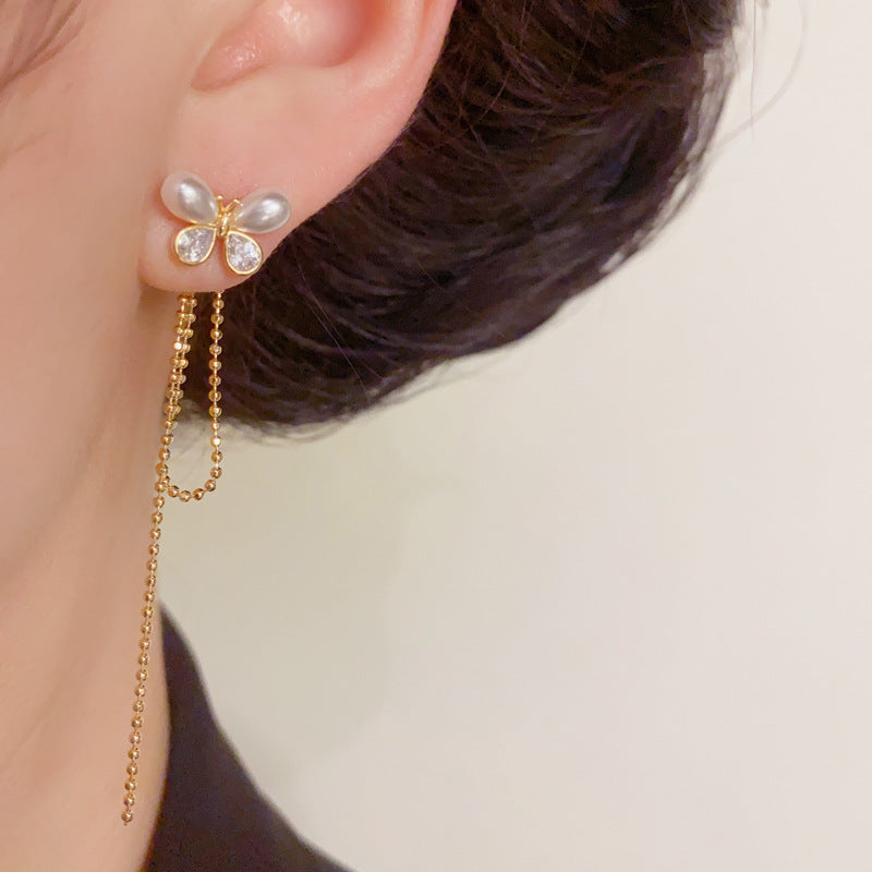 Luxury Pearl & Butterfly Tassel Drop Earrings – Silver Needle Design