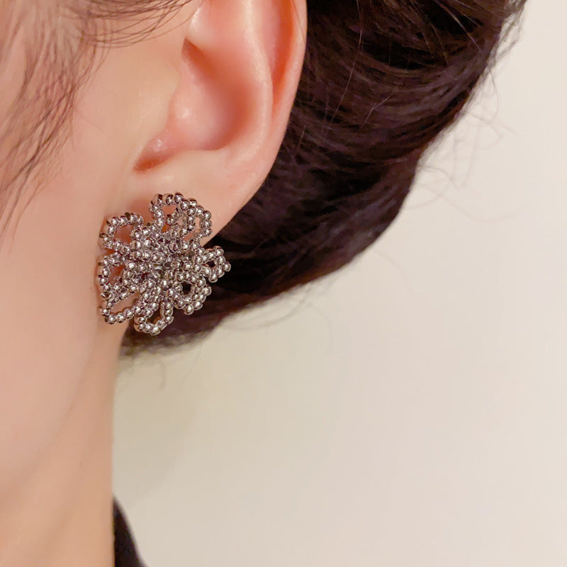 Luxury Beaded Openwork Petal Stud Earrings – Elegant Floral Design