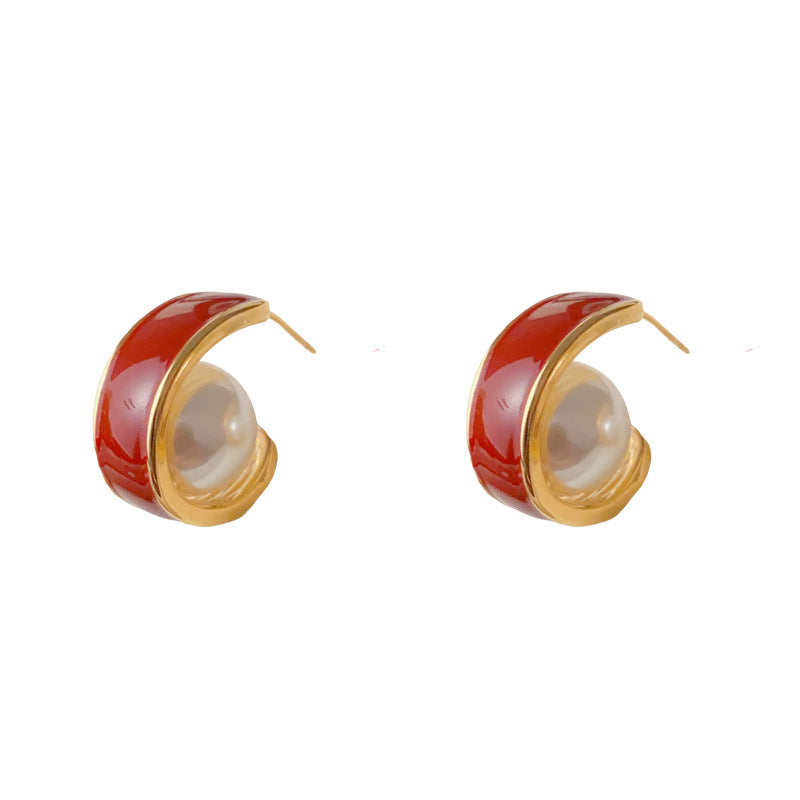 Luxury Enamel Pearl C-Hoop Earrings – Elegant Minimalist Design