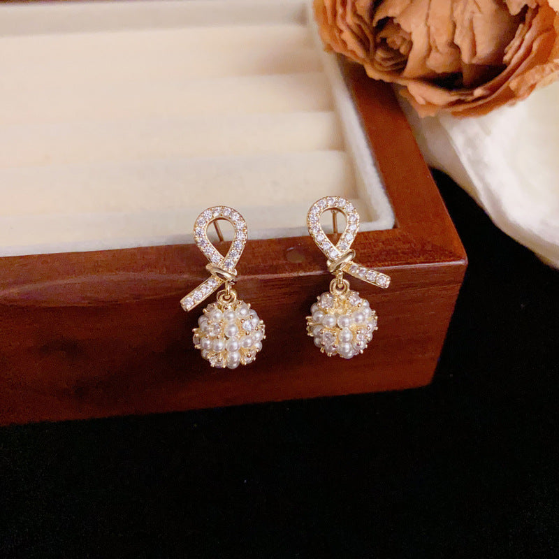 Luxury Zircon Knotted Pearl Ball Drop Earrings – Geometric Design