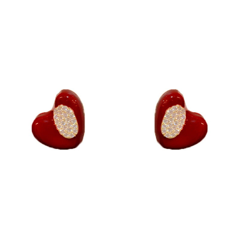 Luxury Red Enamel & Zircon Heart Stud Earrings – Elegant Design