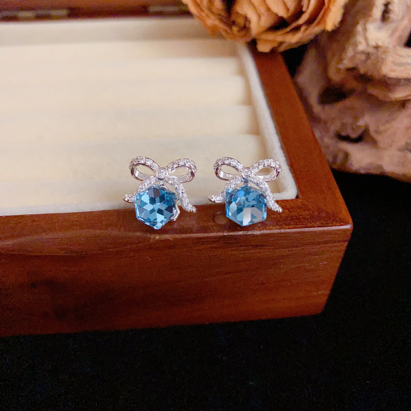 Luxury Zircon Bow & Sugar Cube Crystal Stud Earrings – Elegant Design