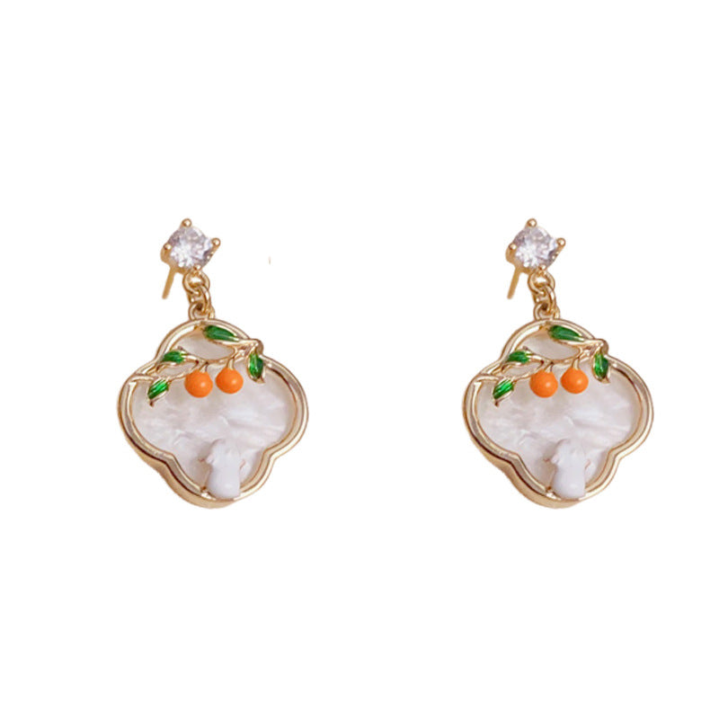 Elegant Four-Leaf Flower Persimmon Drop Gold Earrings – Chinese Design