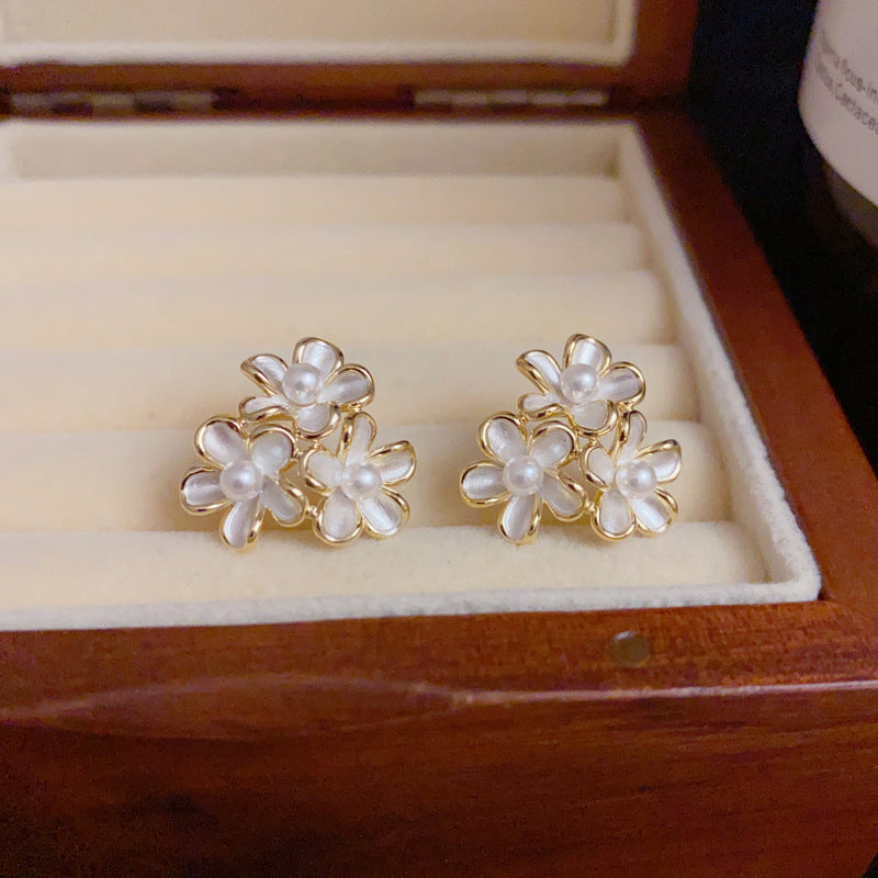14K Gold-Plated White Three-Petal Flower Stud Earrings – Elegant Bloom