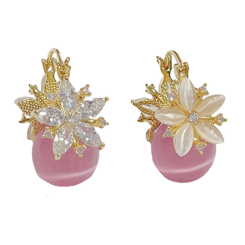 14K Gold-Plated Cats Eye Flower Pearl Clip-On Earrings – Luxury Design