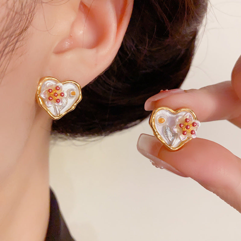 14K Gold Handcrafted Enamel Heart Flower Stud Earrings– Elegant Design