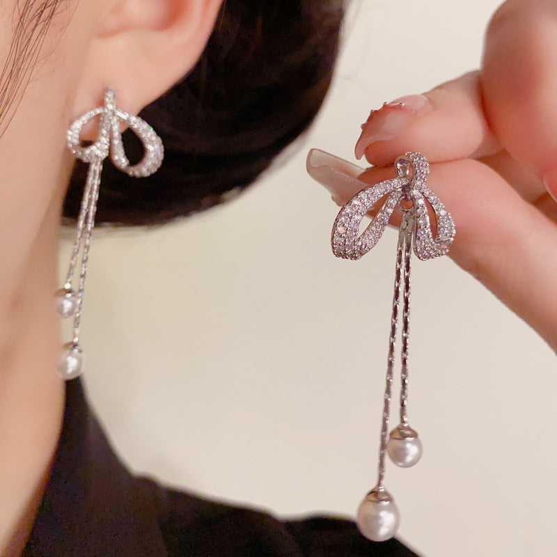 14K Gold-Plated Bow Pearl Tassel Earrings – Pave Zircon Design