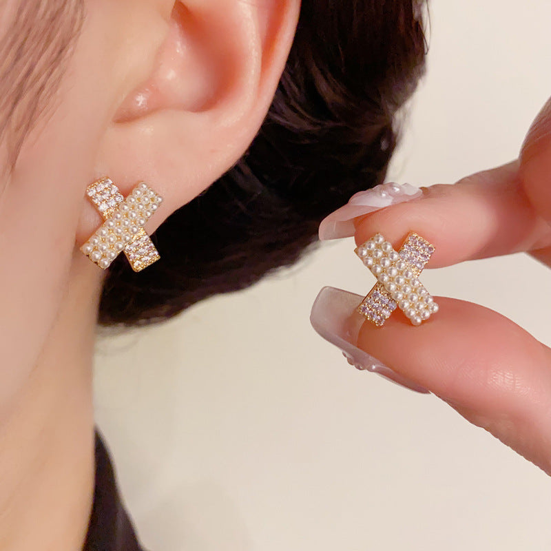 14K Gold-Plated Zircon Cross Pearl Stud Earrings – Elegant Design