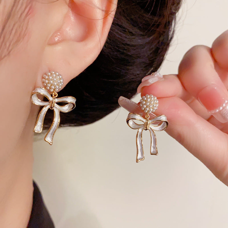 Luxury Pearl Sphere & Bow Ribbon Drop Gold Earrings – Elegant Design