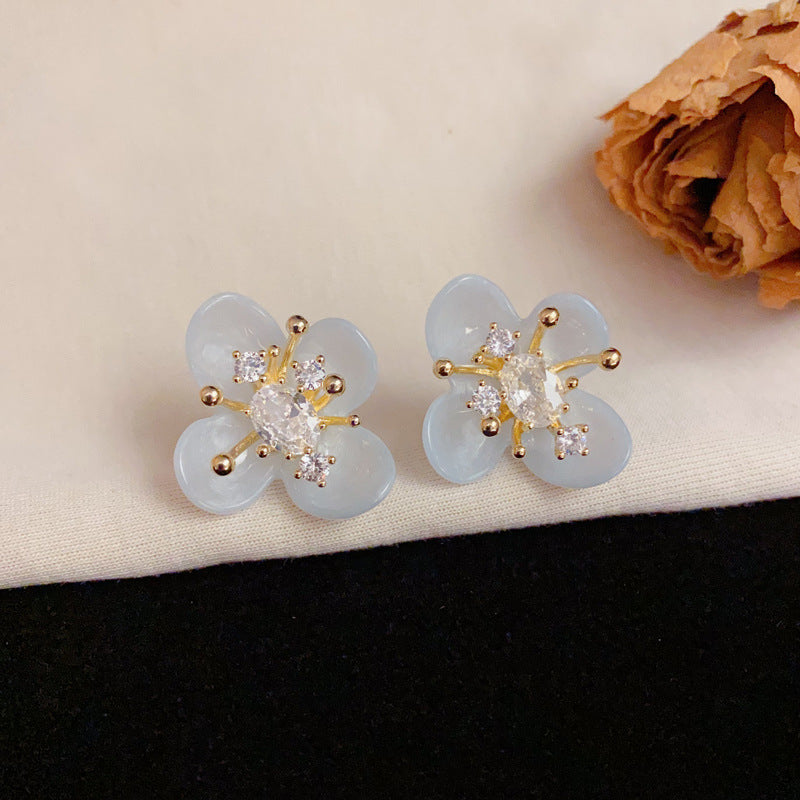 Elegant Blue Zircon Flower Petal Stud Floral Earrings – Silver Needle
