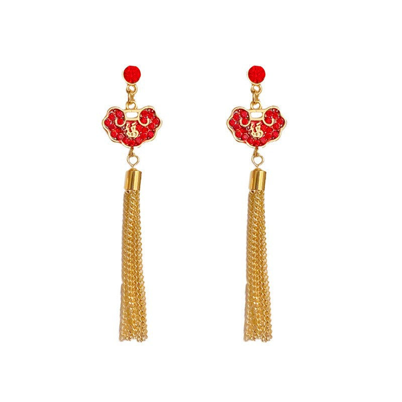 14K Gold-Plated Red Fu Peace Lock Diamond Long Tassel Earrings