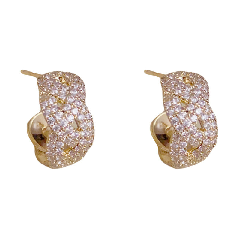 14K Gold-Plated Full Zircon Cross C-Shaped Earrings – Sparkling Design