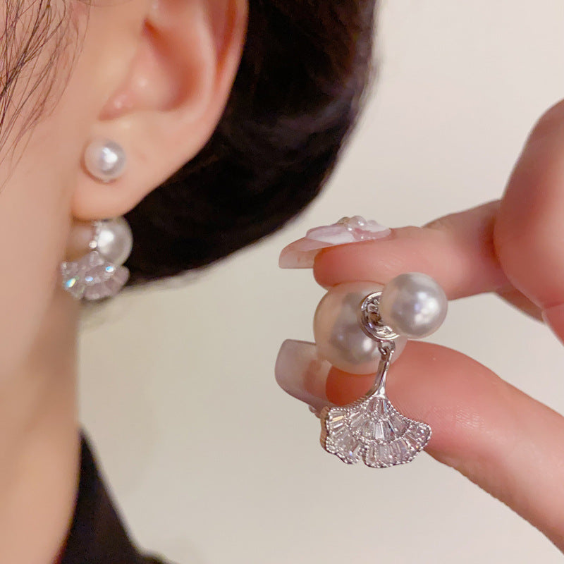 Luxury Pearl & Full-Zircon Leaf Two-Way Drop Earrings – Floral Design