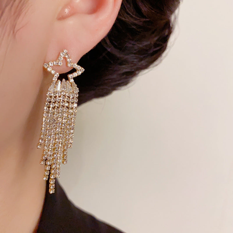 14K Gold-Plated Full Zircon Star Tassel Earrings–Sparkling Chic Design