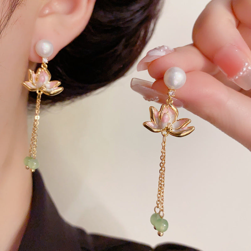 14K Gold Pearl Lotus Tassel Earrings – Elegant Floral Drop Design