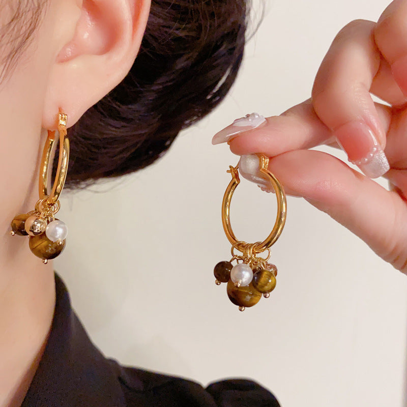 Elegant Tiger's Eye Bead Tassel Hoop Earrings – Geometric Design