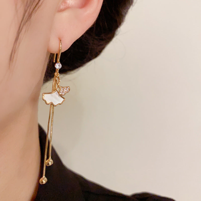 14K Gold-Plated Ginkgo Leaf Shell Tassel Earrings - Elegant Minimalist