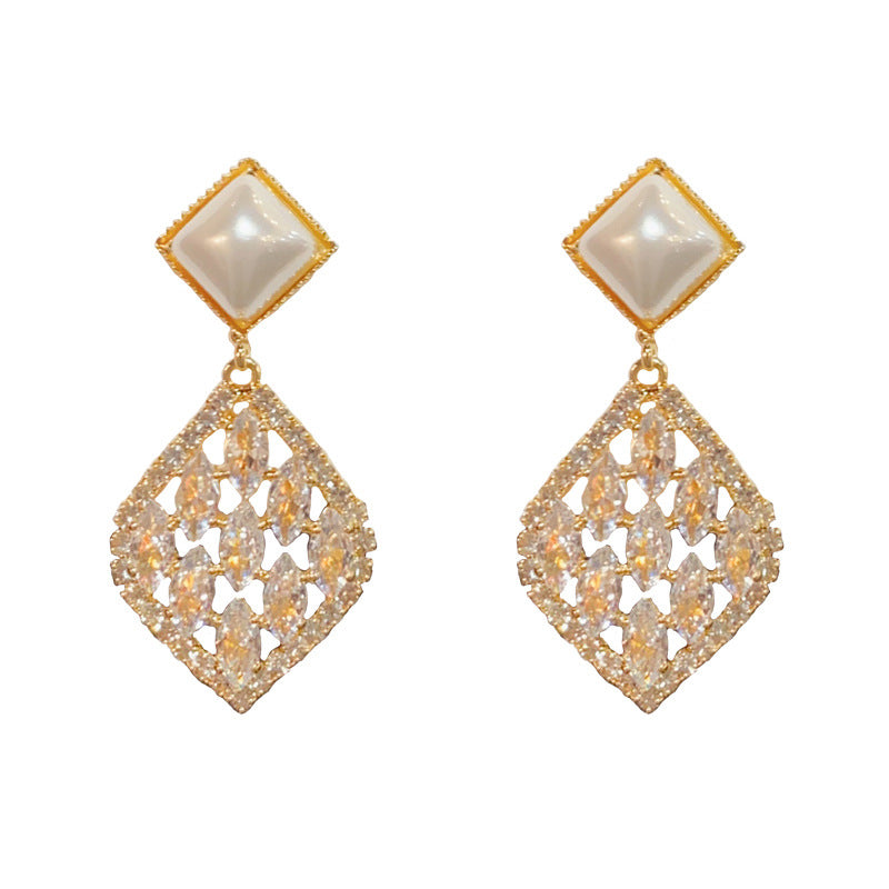 14K Gold Pearl Zircon Rhombus Drop Earrings - Chic Elegance Design