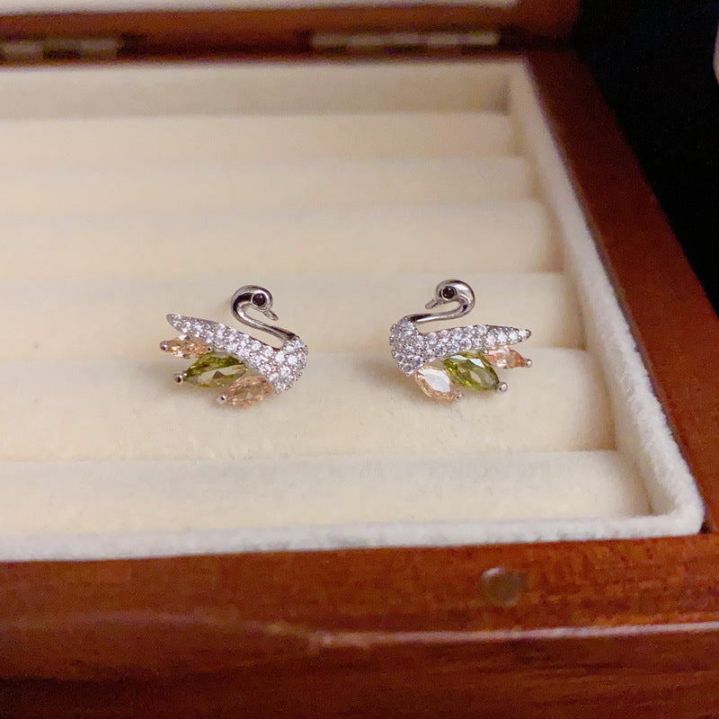 14K Gold Colorful Crystal Swan Stud Earrings – Dainty Animal Design