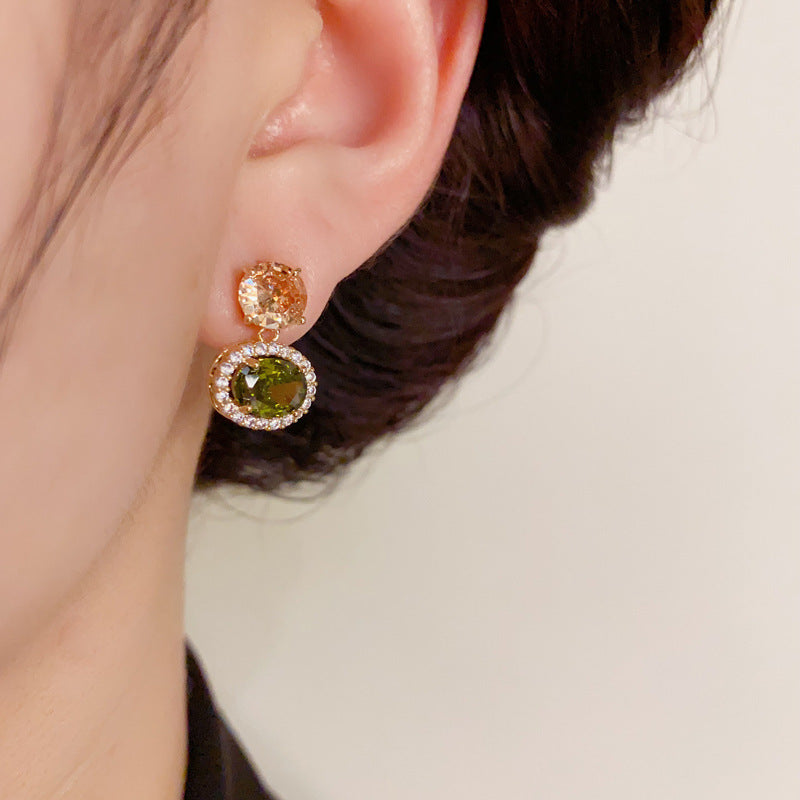 14K Gold-Plated Zircon Olive Green Round Earrings - Elegant Design