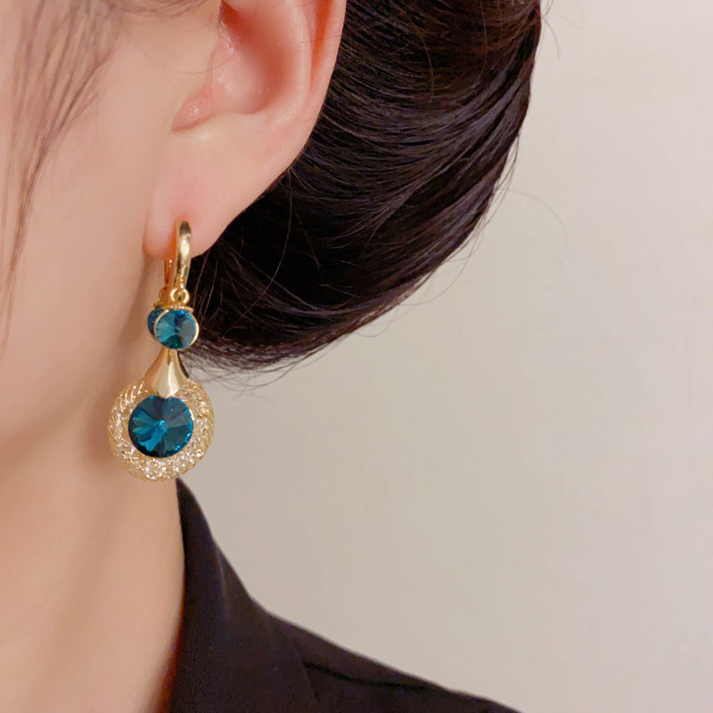 Luxury Metal Mesh Blue-Zircon Circle Tassel Earrings – French Design