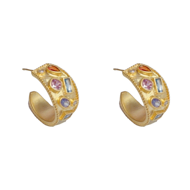 Elegant Matte Gold Rainbow Zircon C-Hoop Earrings – Dazzling Design