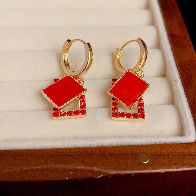 14K Gold-Plated Red Diamond Geometric Hoop Earrings - Bold Elegance
