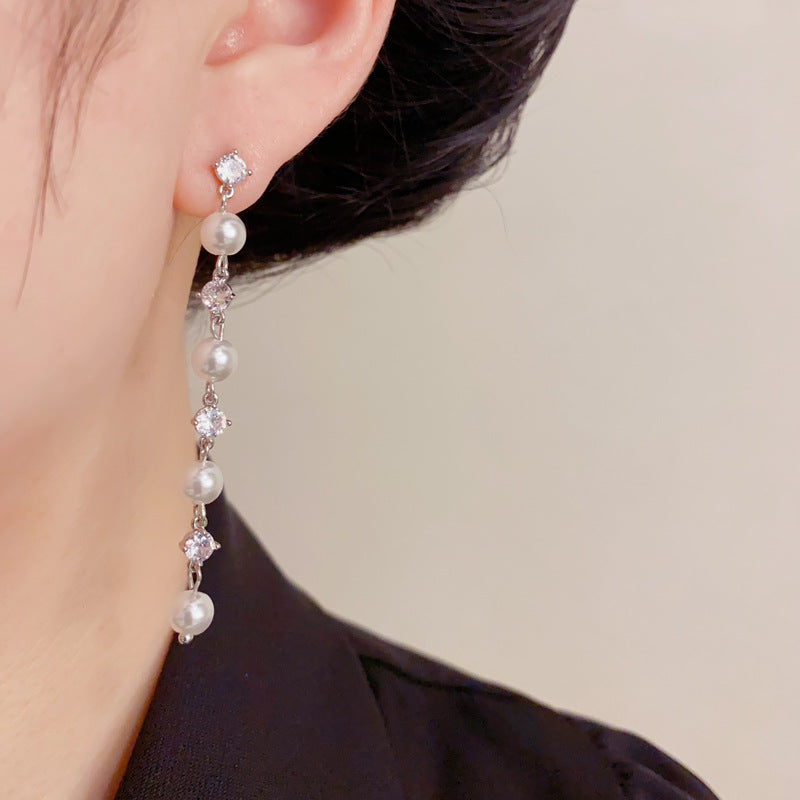 Eaioncol Geometric Long Tassel Pearl CZ Earrings Gold
