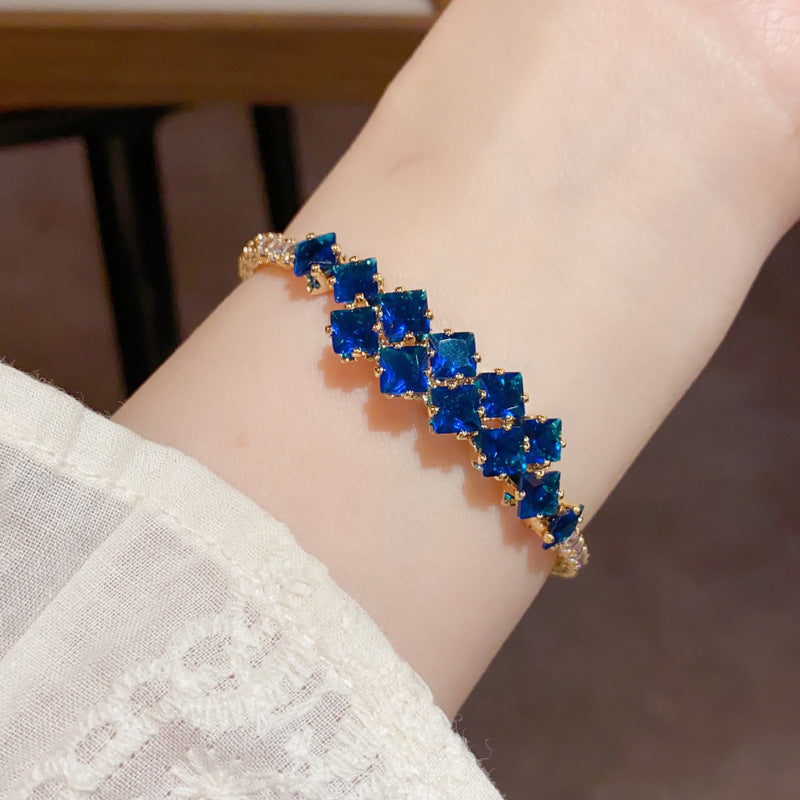 14K Gold-Plated Blue Full Zircon Open Bangle – Adjustable Elegant