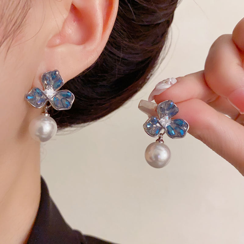Elegant Blue Crystal 3Petal Flower Pearl Drop Earrings – Floral Design