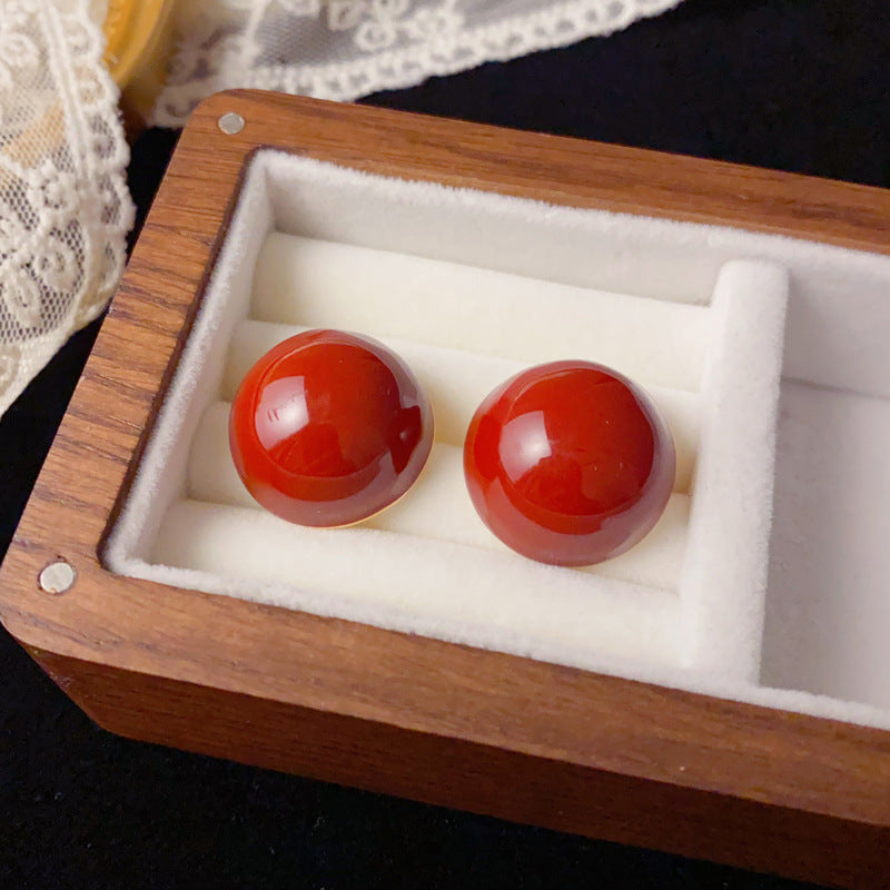 Luxury Red Enamel Circle Stud Earrings – Classic Retro Design