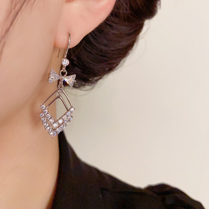 14K Gold-Plated Bow Geometric Diamond Shape Ear Hooks - Elegant & Chic