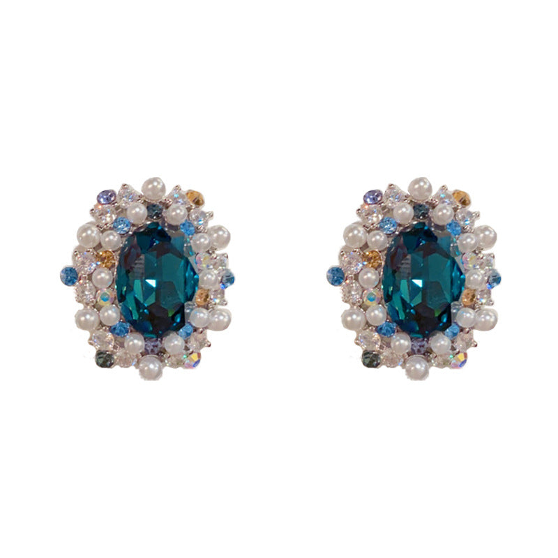 Luxury Full-Zircon Pearl Oval Stud Earrings – Floral Design