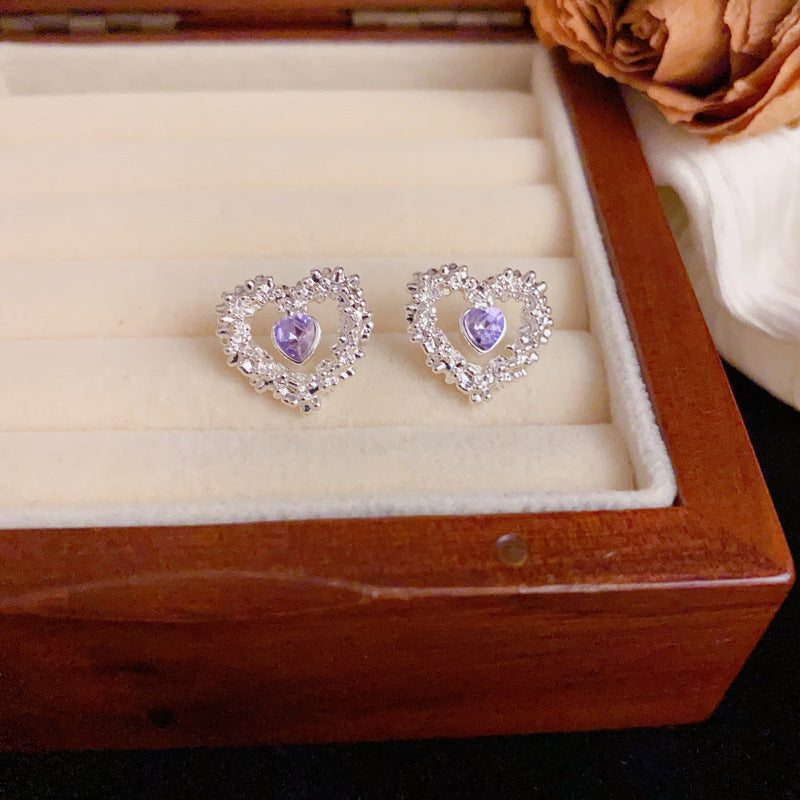 Luxury Hollow Zircon Heart Stud Earrings – Elegant Geometric Design