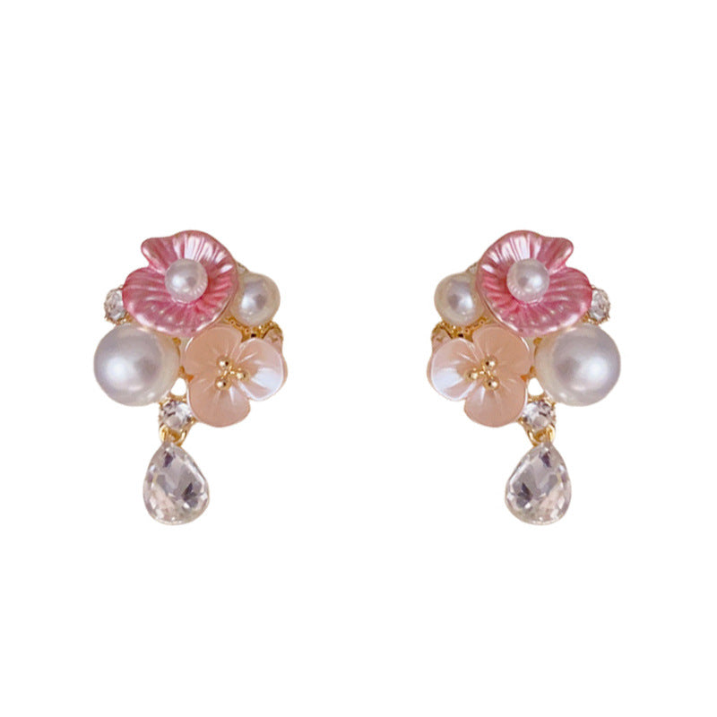 14K Gold French Style Flower Petal Pearl Drop Earrings– Elegant Design