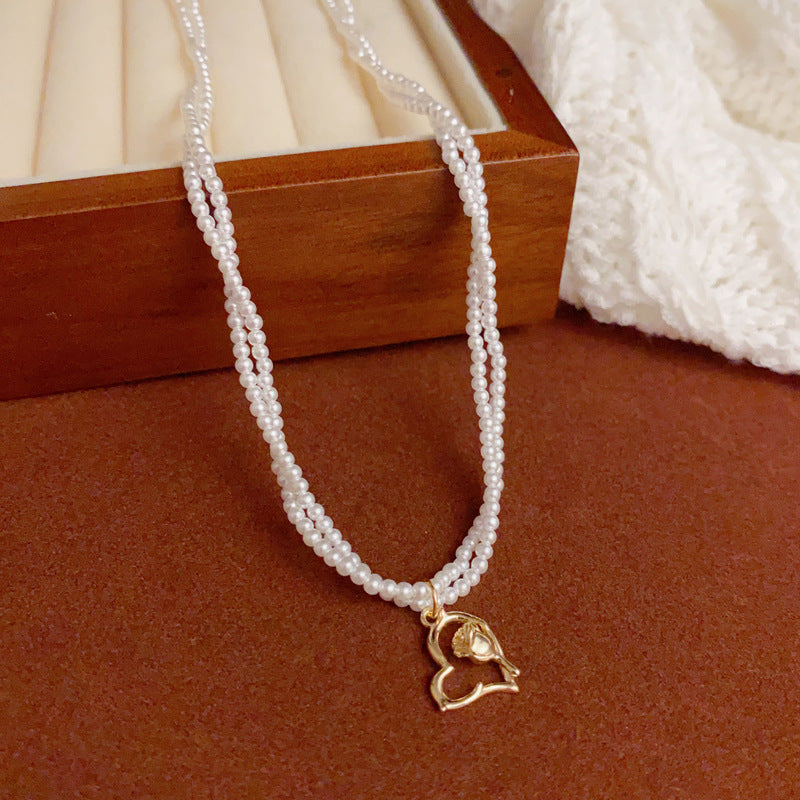 14K Gold-Plated Double Layer Pearl Heart Necklace – Minimalist Design
