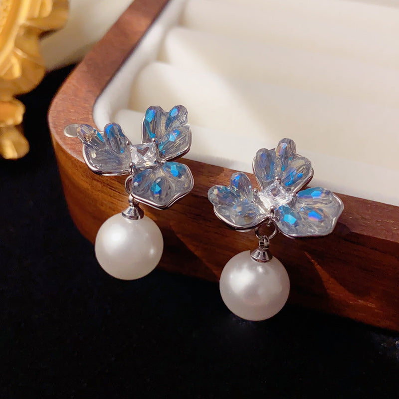Elegant Blue Crystal 3Petal Flower Pearl Drop Earrings – Floral Design