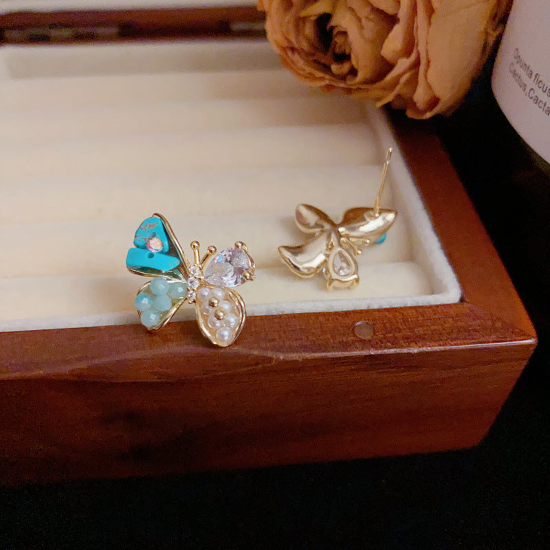 14K Gold Minimalist Blue Pearl & Butterfly Earrings–S925 Silver Needle