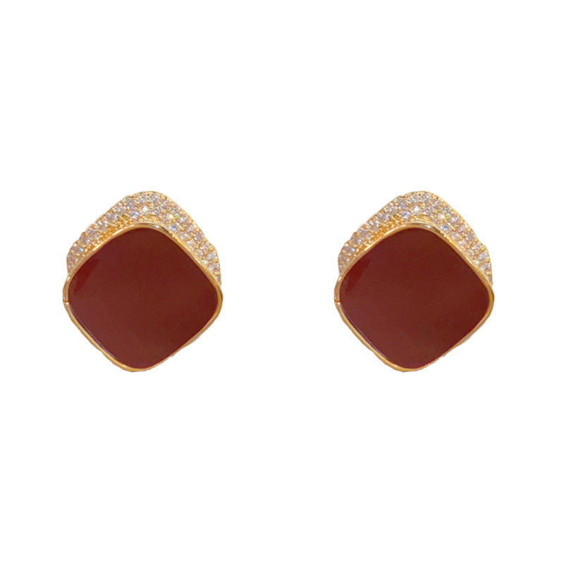 Elegant Zircon Drip-Oil Rhombus Stud Earrings – Geometric Design