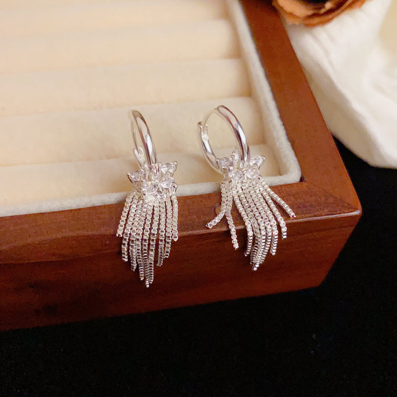 Luxury Zircon Petal & Metal Tassel Earrings – Silver Needle Geometric