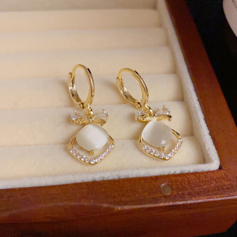 14K Gold Butterfly Bow Cat’s Eye Diamond Hoop Earrings– Elegant Design