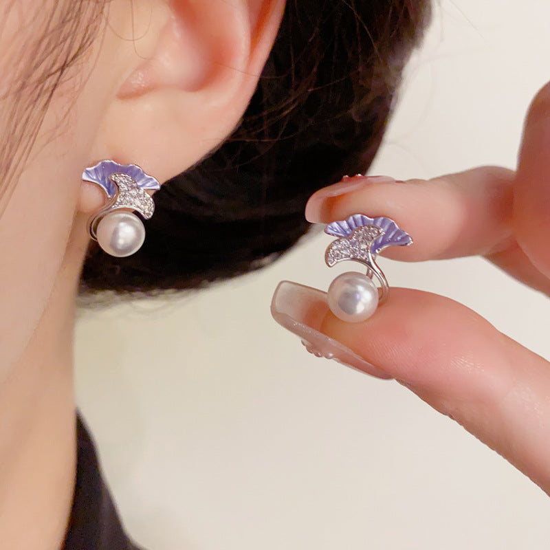 14K Gold Minimalist Double-Layer Ginkgo Leaf & Pearl Stud Earrings